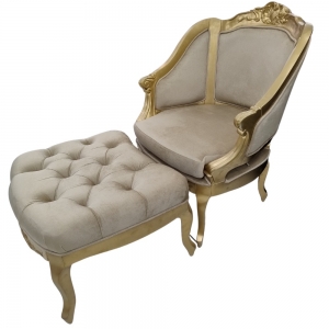 Poltrona com PuffBege com Dourada